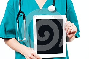 Doctor holding blank digital tablet on white background.