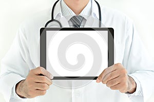 Doctor holding blank screen tablet pc