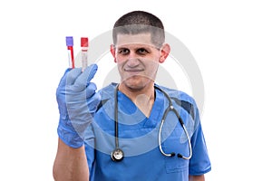 Doctor holding blood test tube isolated on white background. examine blood tube