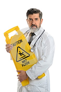 Doctor Holding Caution Sign