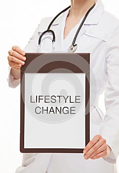 Doctor holding a clipboard and calling to healthy lifestyle