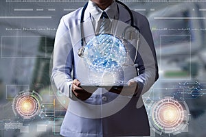 doctor holding digital device to show hologram with global connection or world wide connection