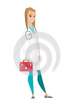 Doctor holding first aid box vector illustration.