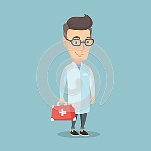 Doctor holding first aid box vector illustration.