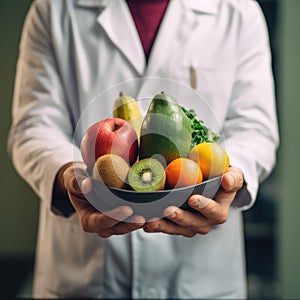 Doctor holding fresh fruit and vegetable, Healthy diet, Nutrition food as a prescription for good health. healthy eating