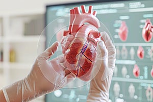 Doctor holding heart model, close-up view