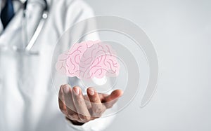 Doctor holding human brain icon, idea creative intelligence thinking or Awareness