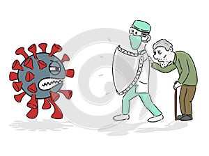 Doctor holding knight shield to protect from COVID-19 Virus pathogens photo