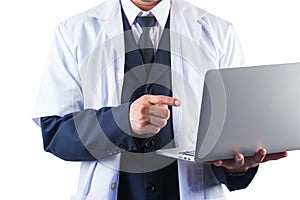 Doctor holding laptop and pointing to screen isolated on white background