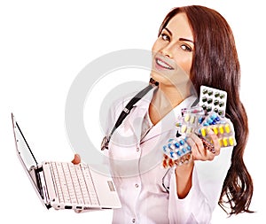 Doctor holding laptop and remedy.