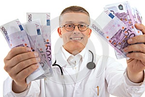 Doctor holding a lot of money euros