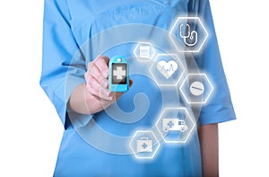 Doctor holding modern medical device and informational icons