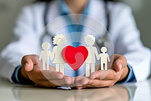 Doctor holding paper family with red heart. Healthcare and life insurance