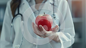 Doctor Holding a Red Apple.AI generated image