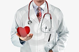 Doctor holding red heart with his hand.