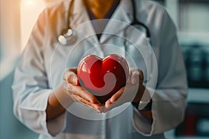 A doctor holding a red heart in his hands