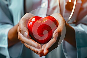 A doctor holding a red heart in his hands