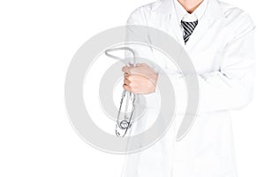 Doctor holding stethoscope and hands crossed in front of him isol