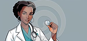 The doctor is holding a stethoscope with her fingers