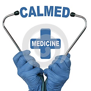 The doctor is holding a stethoscope, in the middle there is a text - CALMED