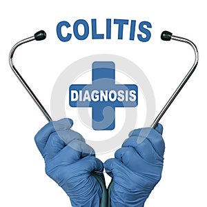 The doctor is holding a stethoscope, in the middle there is a text - COLITIS