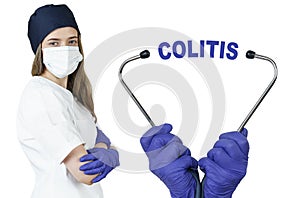 The doctor is holding a stethoscope, in the middle there is a text - COLITIS