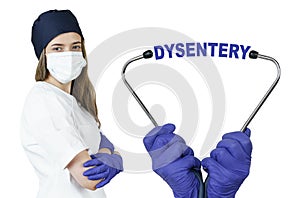 The doctor is holding a stethoscope, in the middle there is a text -DYSENTERY