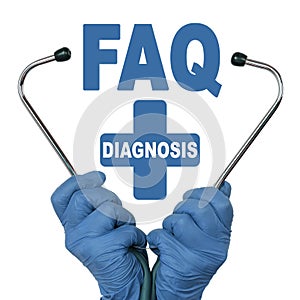The doctor is holding a stethoscope, in the middle there is a text - FAQ. Frequently asked questions