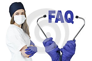 The doctor is holding a stethoscope, in the middle there is a text - FAQ. Frequently asked questions