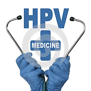 The doctor is holding a stethoscope, in the middle there is a text - HPV. Human Papilloma Virus