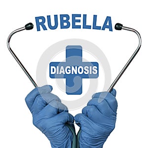 The doctor is holding a stethoscope  in the middle there is a text - RUBELLA