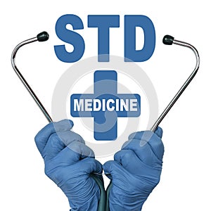 The doctor is holding a stethoscope, in the middle there is a text - STD. Sexually Transmitted Diseases