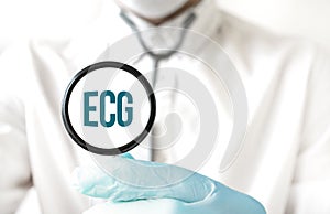 Doctor holding a stethoscope with text ECG EKG, medical concept