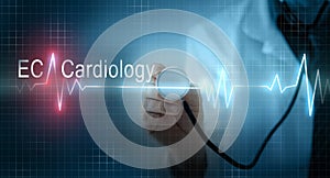 Doctor holding stethoscope on virtual EKG electrocardiogram gr