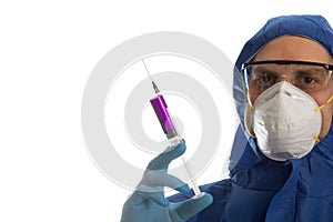 Doctor holding syringe with virus COVID 19 vaccine.