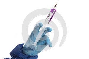 Doctor holding syringe with virus COVID 19 vaccine.