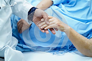 Doctor holding touching hands Asian senior or elderly old lady woman patient.