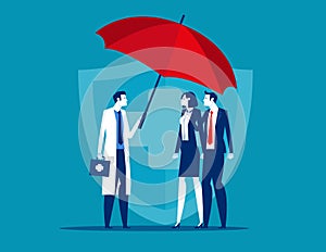 Doctor holding umbrella over family to protect from accident. Health Care Concept