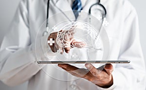 Doctor holding virtual human brain, idea creative intelligence thinking