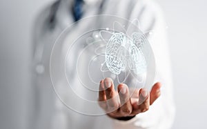 Doctor holding virtual human brain, idea creative intelligence thinking or Awareness