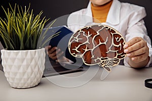 Doctor holding wooden model of the brain. Healthcare concept