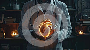 the doctor holds an artificial heart in his hands