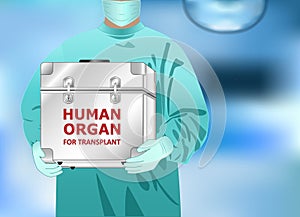 Doctor holds in hands the box with human organ for transplant, horizontal vector illustration