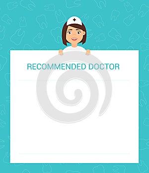 The doctor holds in his hands a piece of advice for the patient. The recommendation of the dentist. Vector in flat style