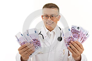 Doctor holds a lot of euros and is surprised