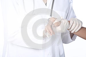 Doctor holds Patient hand with warm take care medical office