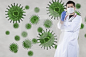 Doctor holds a syringe in his hand filled with red liquid, concept of blood sampling or vaccine