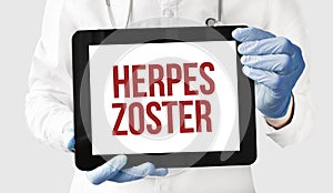 Doctor in holds a tablet with text HEPRES ZOSTER