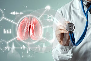 Doctor and Hologram of inflamed lungs. The concept of lung disease, pneumonia, covid-19 pandemic, coronavirus. Mixed medium, copy