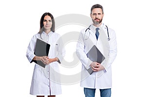 doctor at hospital. two doctor hold medical prescription. doctor and nurse with clipboard isolated on white